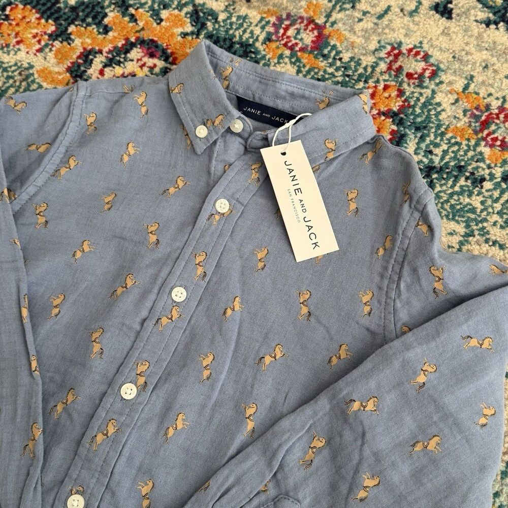 NEW Janie and Jack Blue All Over Print Horse Button Down Top Size 5
